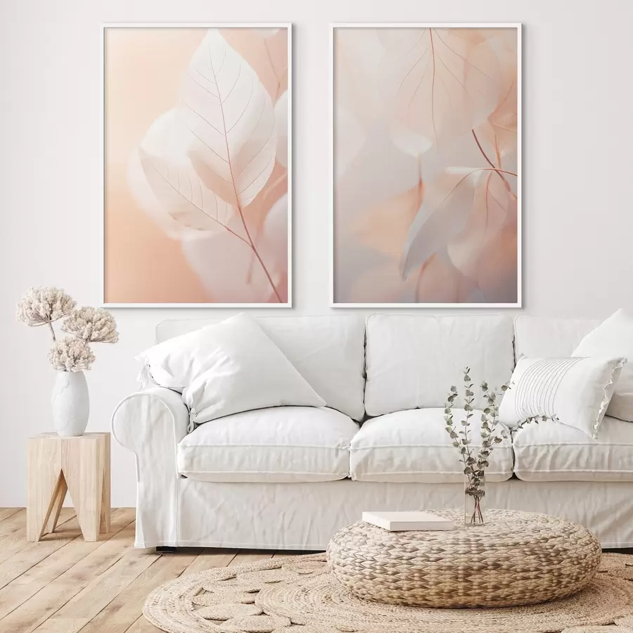 Fototapetai Permatomų lapų su švelniomis gyslomis stambiu planu, švelni persikų ir balta spalvų paletė, neryškus fonas d00647