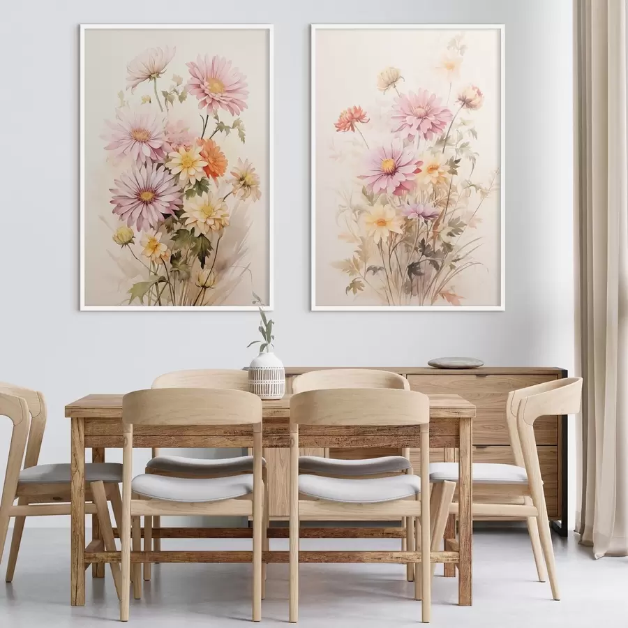 Fototapetai Spalvingų gėlių puokštė, švelnus akvarelės stilius, šviesiame fone, botaninė iliustracija d00649