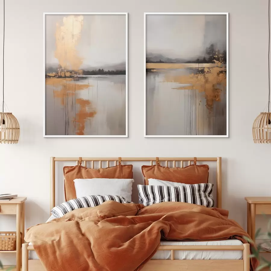 Fototapetai Abstraktus kraštovaizdis su ežeru, medžiu ir geltonu rūku , vanduo atspindi debesuotą dangų d00657