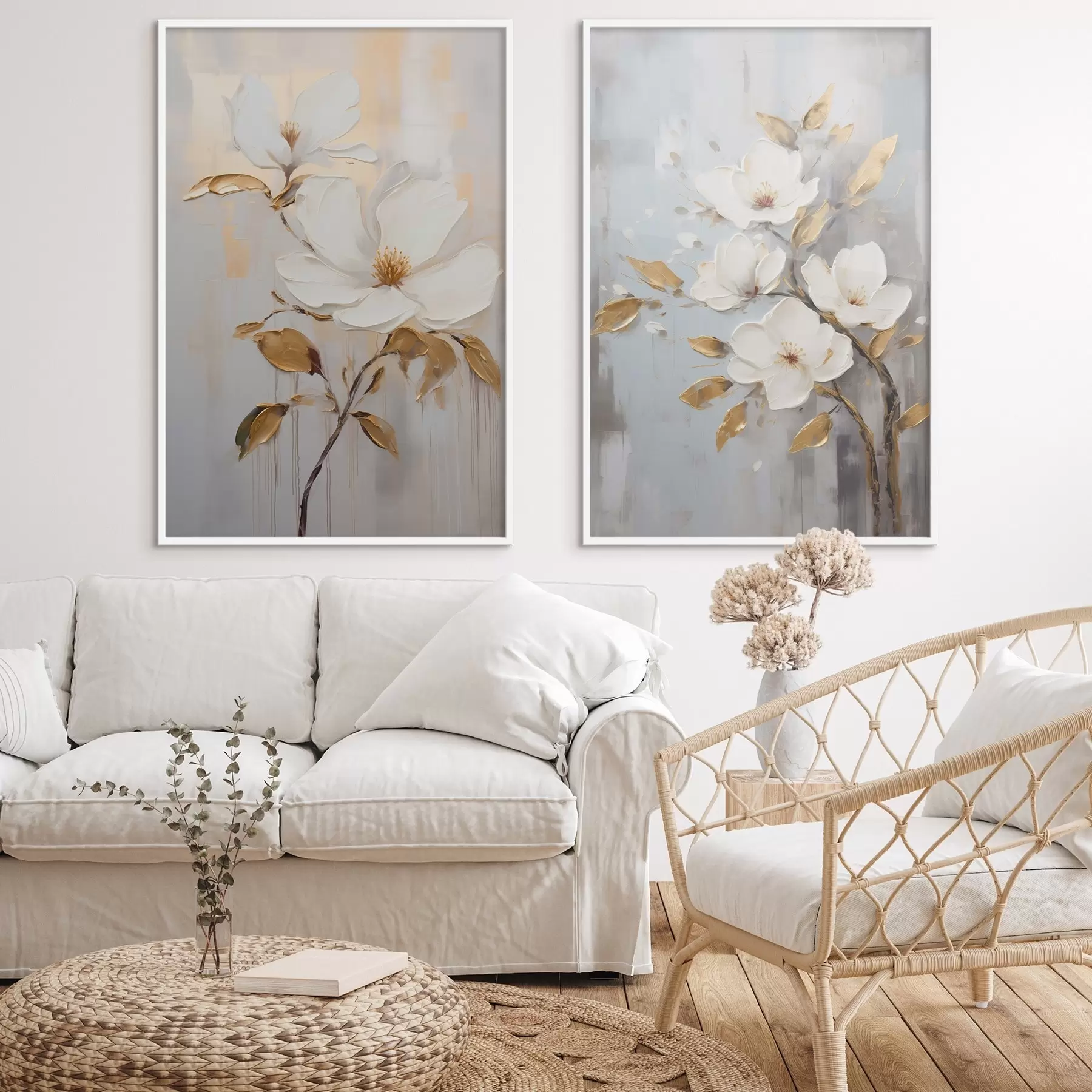 Fototapetai Dvi baltos gėlės su geltonai oranžiniais lapais šviesiame fone d00687