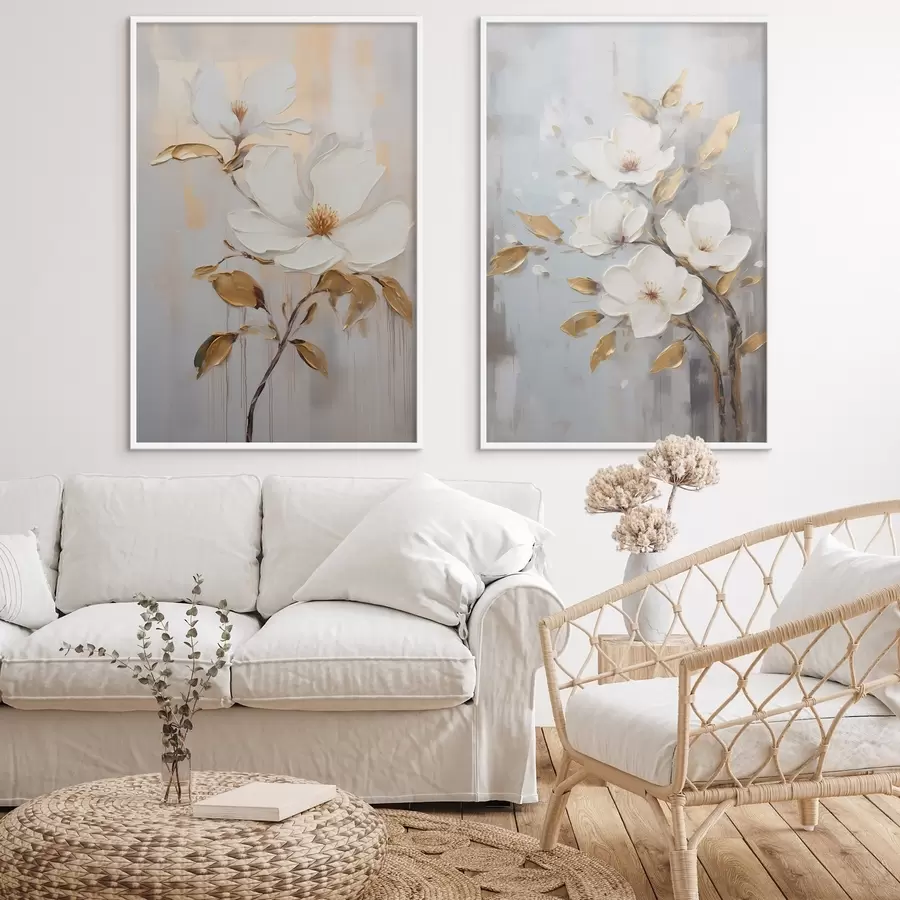 Fototapetai Dvi baltos gėlės su geltonai oranžiniais lapais šviesiame fone d00687