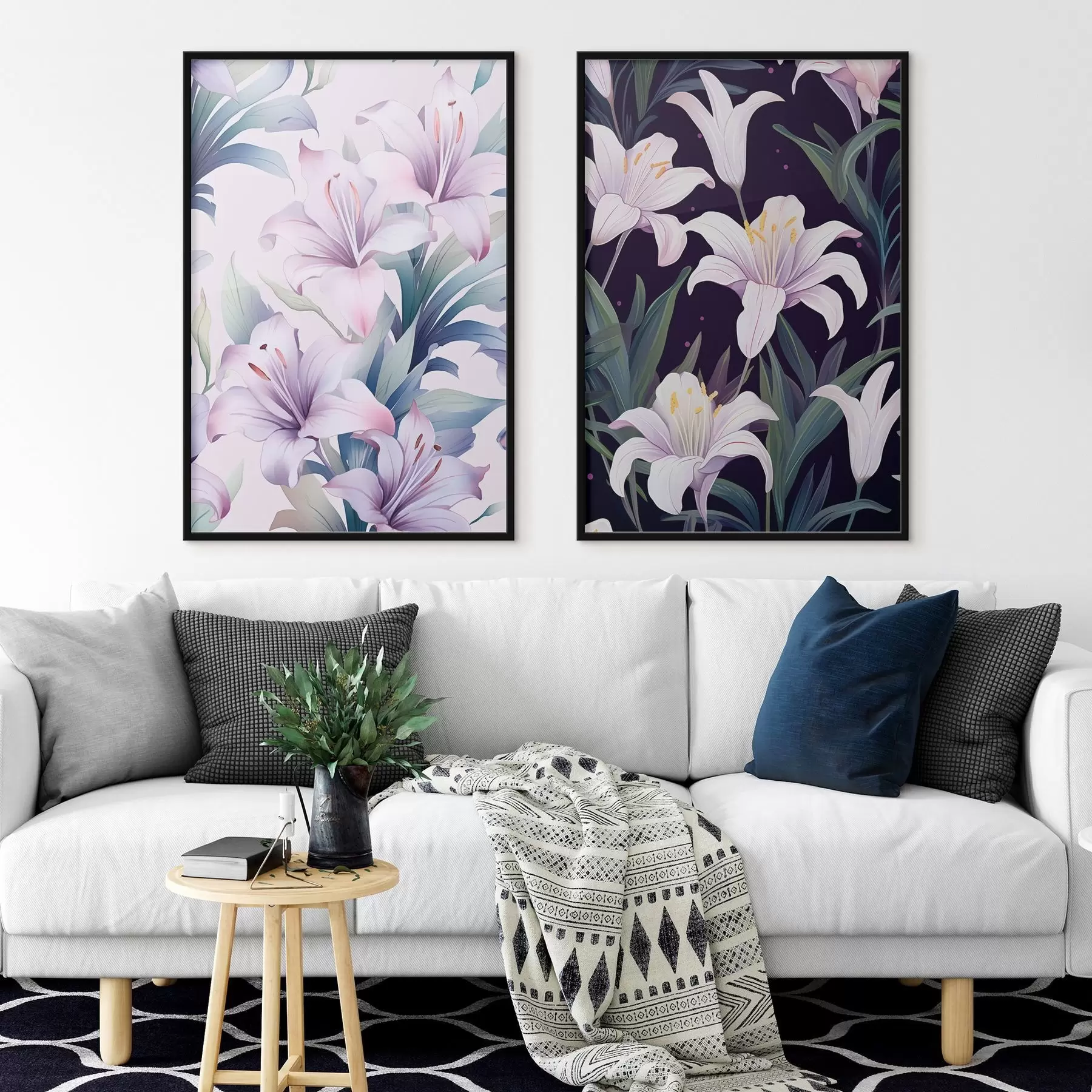 Fototapetai Švelnios rožinės lelijos su žaliais lapais šviesiame ir tamsiame fone d00689