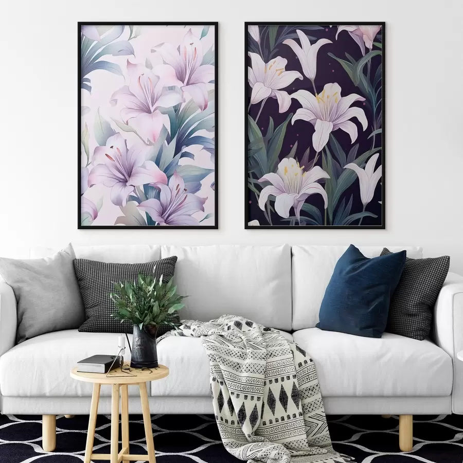 Fototapetai Švelnios rožinės lelijos su žaliais lapais šviesiame ir tamsiame fone d00689