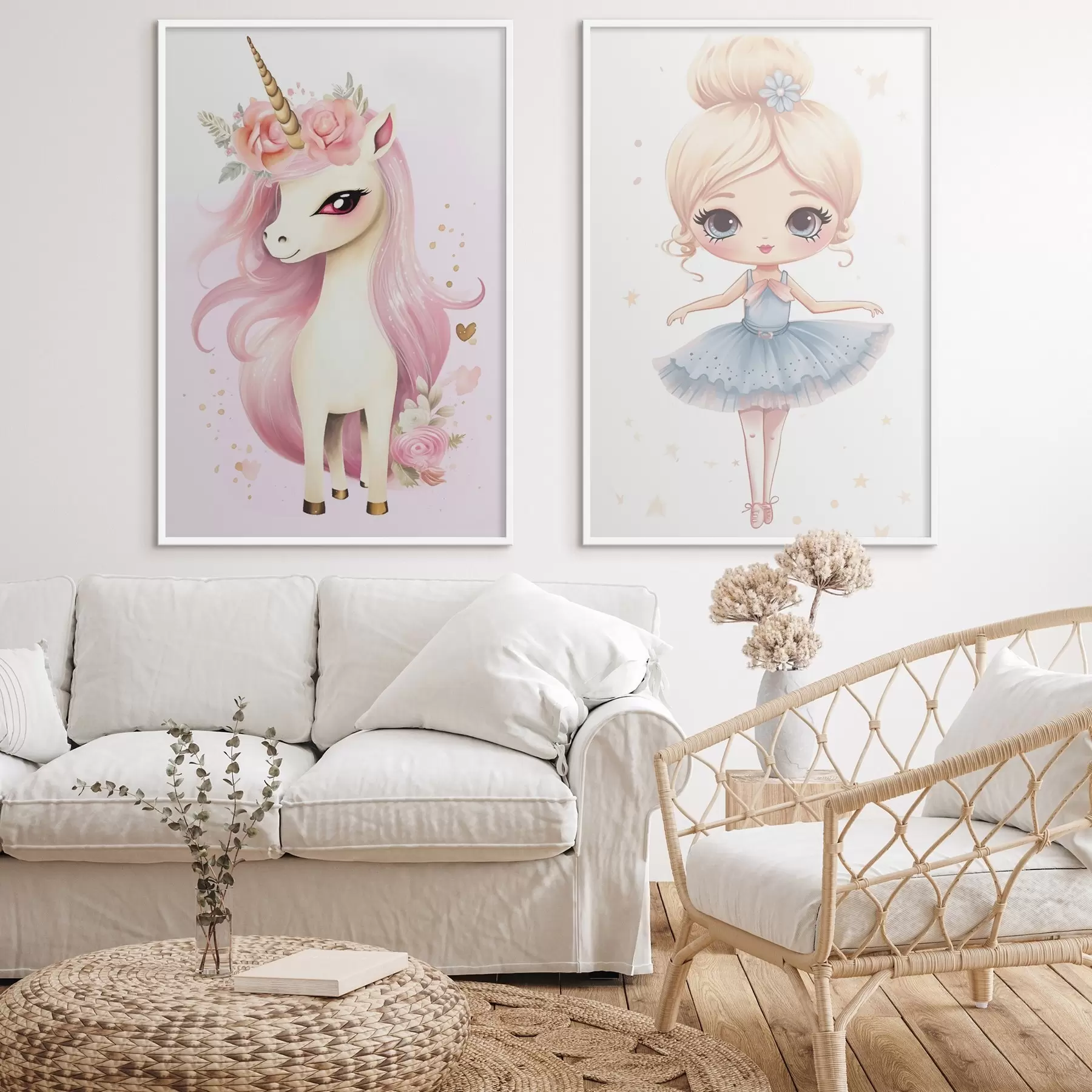 Fototapetai Balerina su mėlyna suknele ir vienaragis su rožine griva d00692