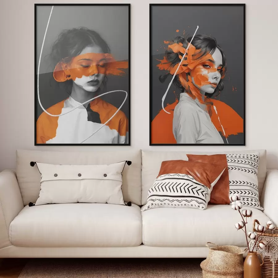 Fototapetai Mergaičių portretai su abstrakčiais oranžiniais potėpiais d00693