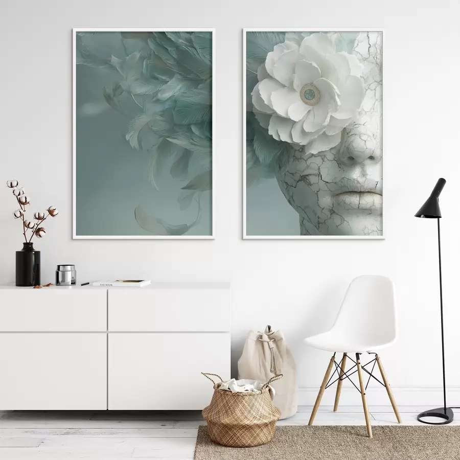 Fototapetai mergaitės veidas iš marmuro su gėle ir plunksnomis d00699