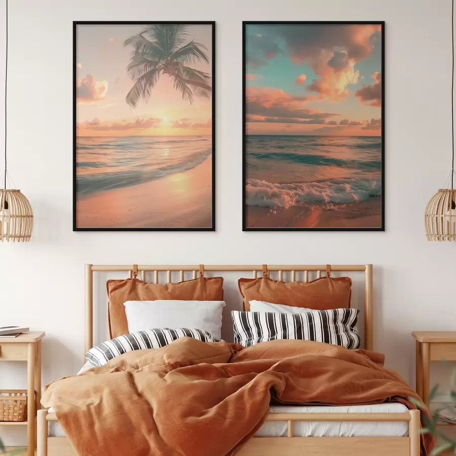 Fototapetai Saulėlydis jūros pakrantėje su vaizdu į bangas d00787