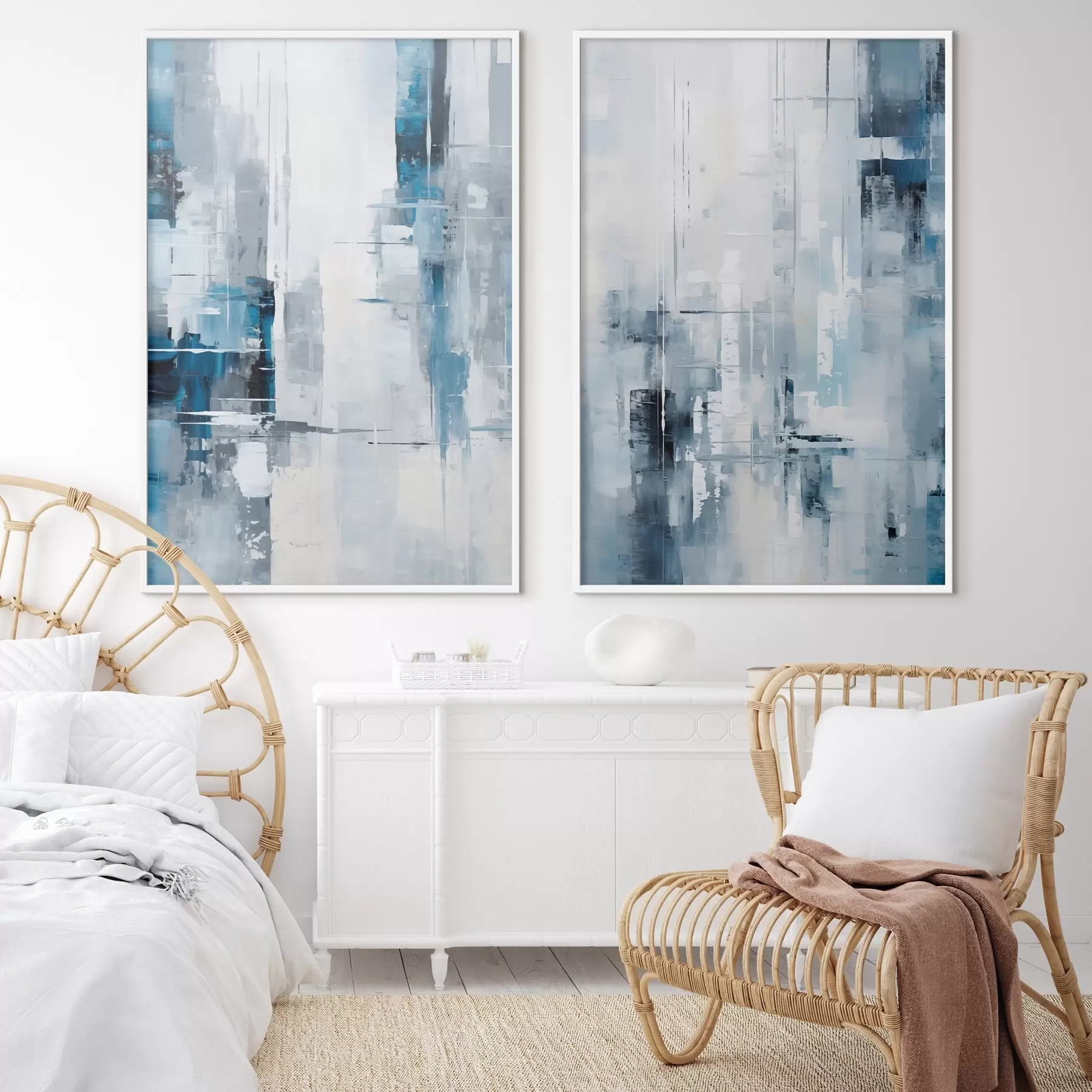 Fototapetai Abstraktaus tapybos imitacija mėlyna, pilka ir balta spalvomis, vertikaliomis linijomis ir geometrinėmis formomis d00819