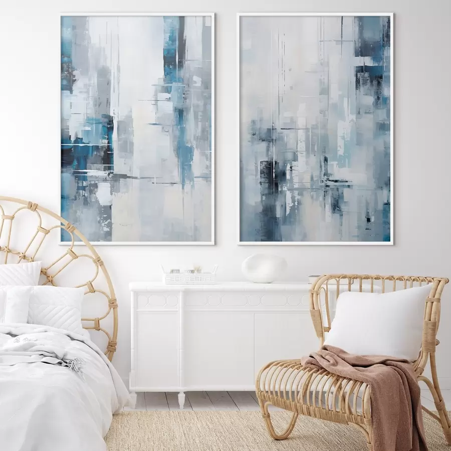 Fototapetai Abstraktaus tapybos imitacija mėlyna, pilka ir balta spalvomis, vertikaliomis linijomis ir geometrinėmis formomis d00819