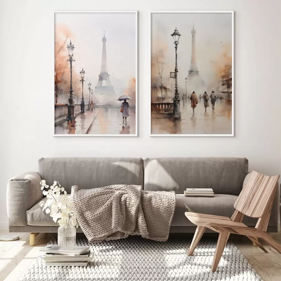 Fototapetai Lietinga rudens diena Paryžiuje su Eifelio bokštu fone ir senoviniais gatvių žibintais d00821