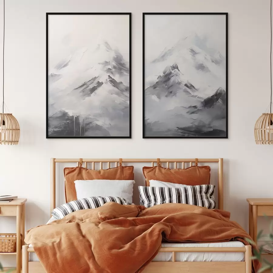 Fototapetai Snieguotos kalnų viršūnės su pilkomis šešėlėmis, pilkas dangus, teptuko potėpiai, tekstūruotas, minimalistinis d00822