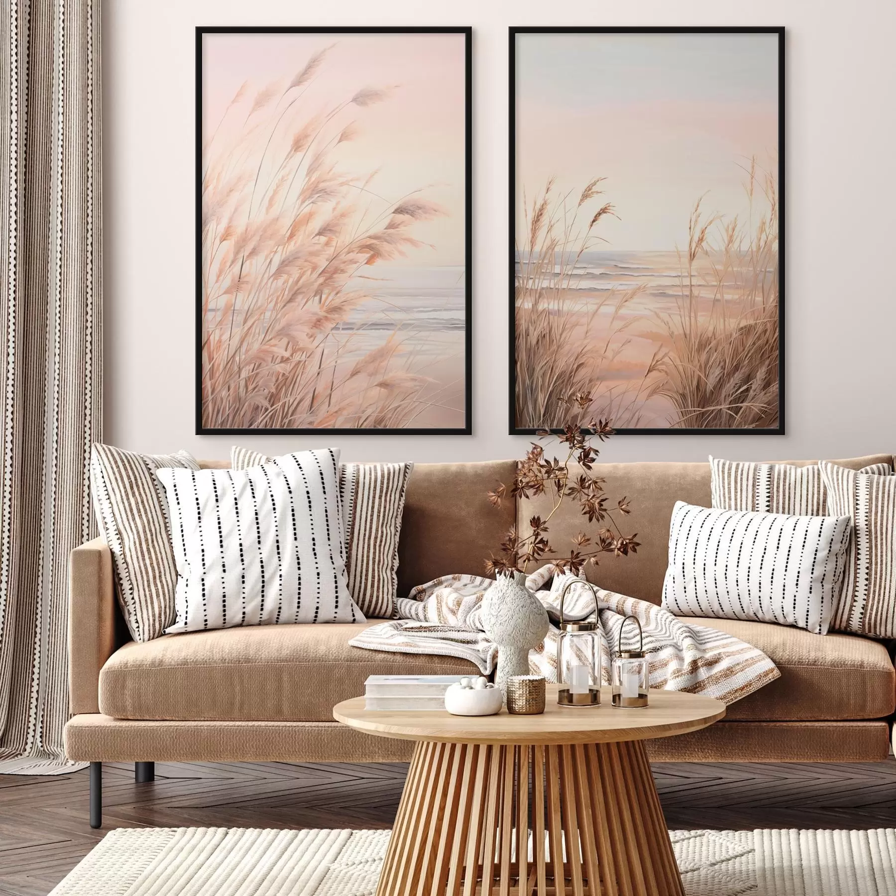 Fototapetai Pampų žolė su pastelinės oranžinės spalvos palete, šviesiai rožinis dangus, ramus kraštovaizdis d00823