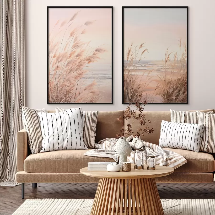 Fototapetai Pampų žolė su pastelinės oranžinės spalvos palete, šviesiai rožinis dangus, ramus kraštovaizdis d00823