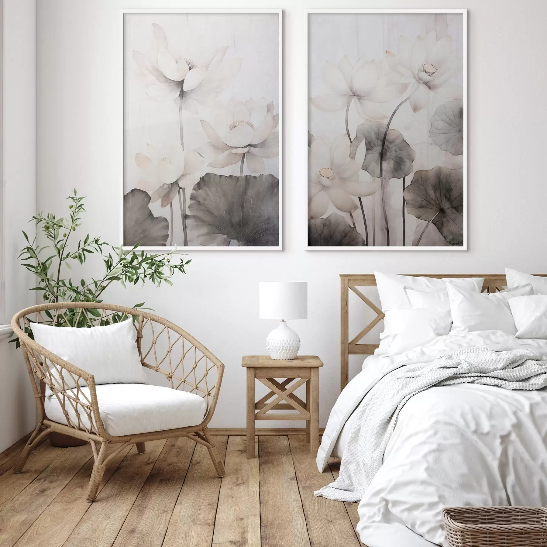 Fototapetai Balta tekstūruota lotoso gėlė su tamsiais lapais, šviesus fonas, minimalistinis dizainas d00824