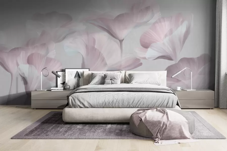 Fototapetai Šviesiai rožinės spalvos tekstūruotos permatomos lotoso gėlės su subtiliais žiedlapiais ant prislopinto pilko fono w09640v1