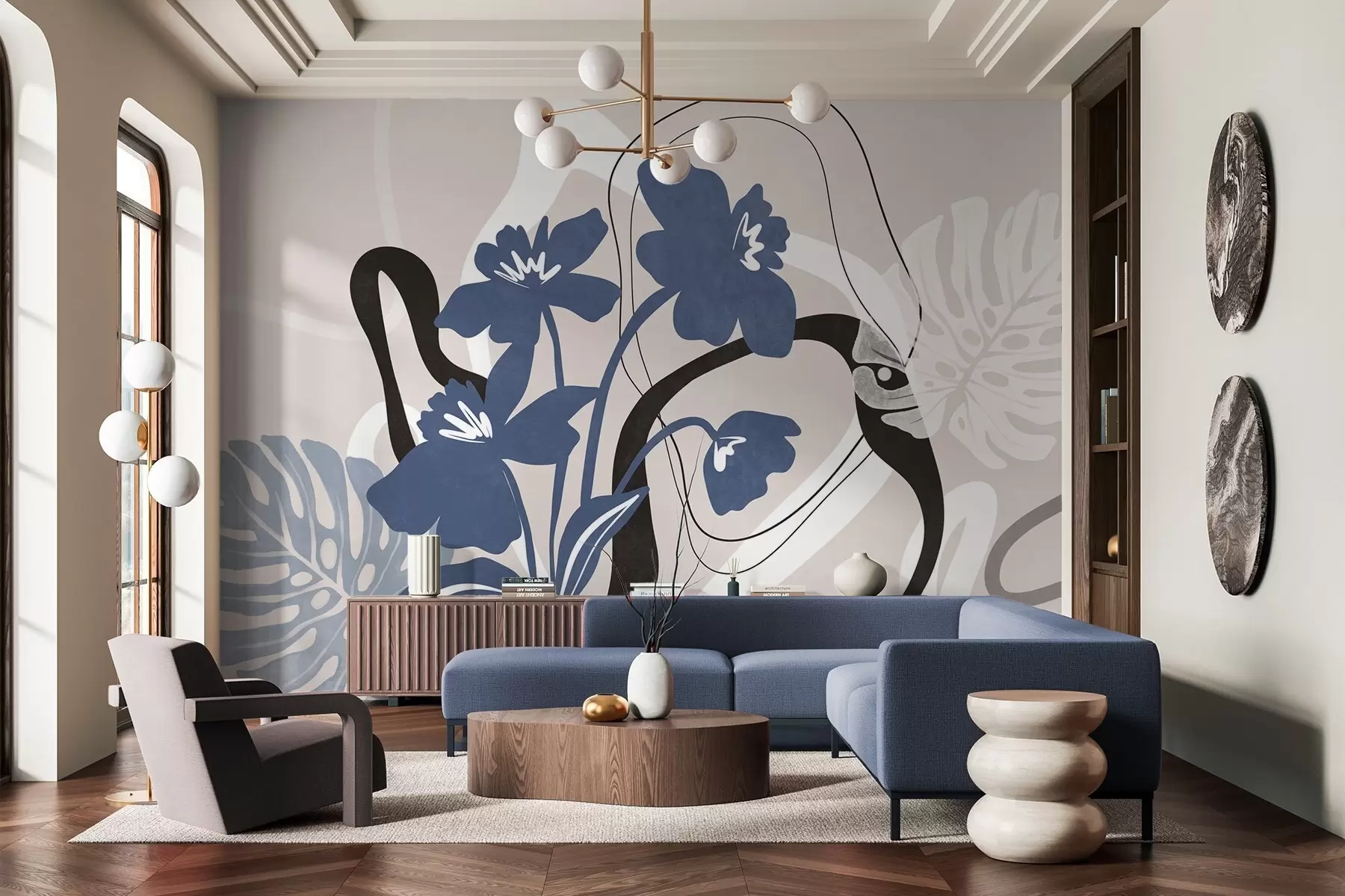 Fototapetai Abstrakčios tekstūruotos mėlynos gėlės su baltomis ir juodomis figūromis ant šviesiai smėlio spalvos fono, minimalistinis menas w09645