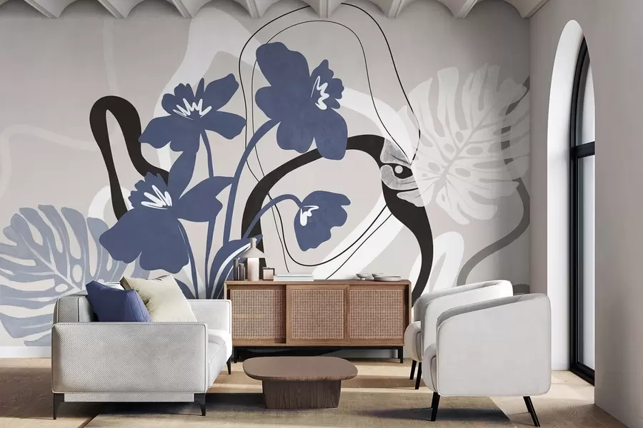 Fototapetai Abstrakčios tekstūruotos mėlynos gėlės su baltomis ir juodomis figūromis ant šviesiai smėlio spalvos fono, minimalistinis menas w09645