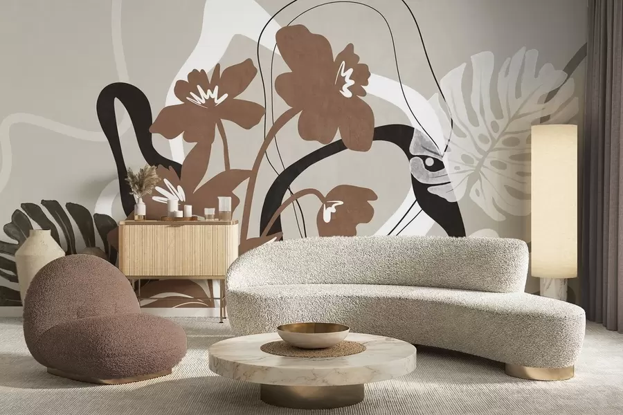 Fototapetai Abstrakčios tekstūros rudos gėlės su baltomis ir juodomis figūromis ant smėlio spalvos fono, minimalistinis menas w09645v1