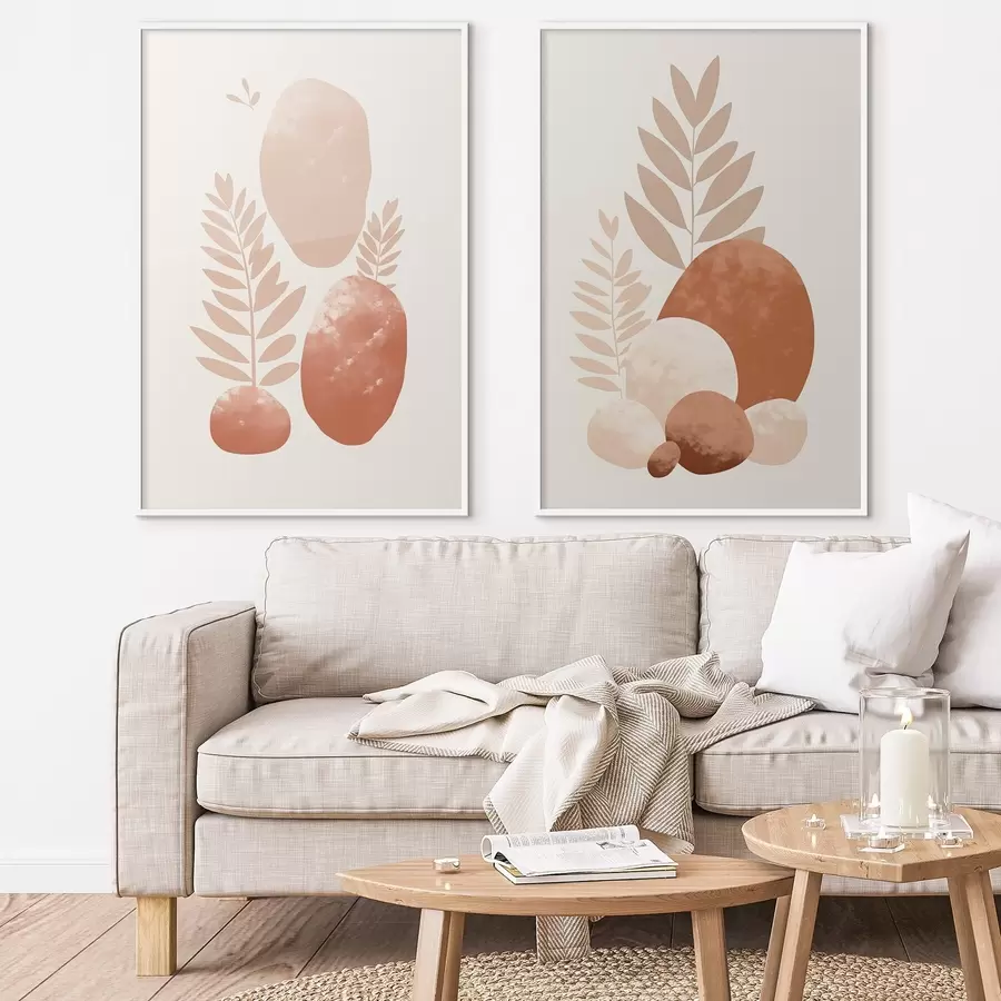 Fototapetai Abstrakčios formos tekstūruoti akmenys ir lapai prislopintų persikų ir terakotos atspalvių, minimalistinis, kreminis fonas d01114