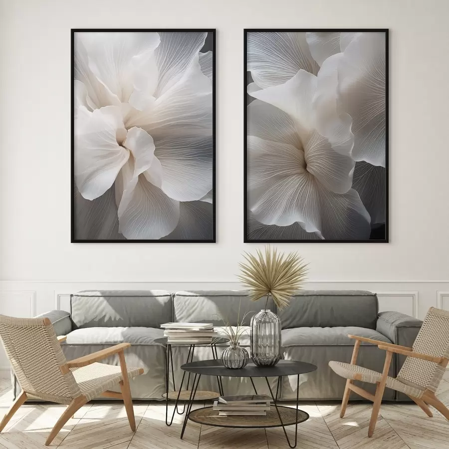 Fototapetai Artimas vaizdas subtilaus abstraktaus balto gėlių žiedo su sudėtingomis linijomis ir neryškiu tamsiu fonu d01117