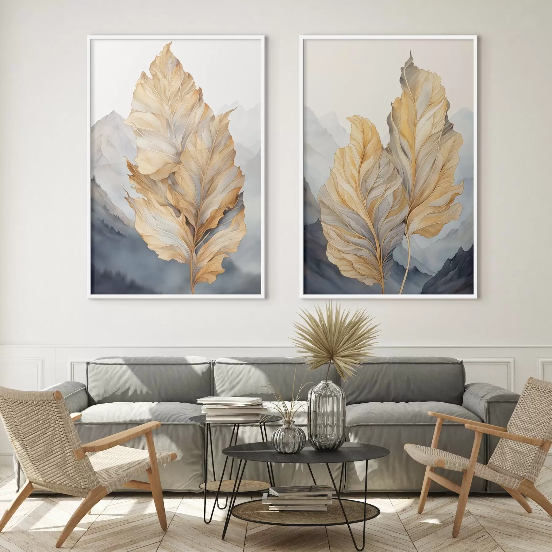 Fototapetai Abstrakčios didelės, geltonos ir rudos spalvos lapai su sudėtingais detalėmis, kalnų peizažo fone d01119