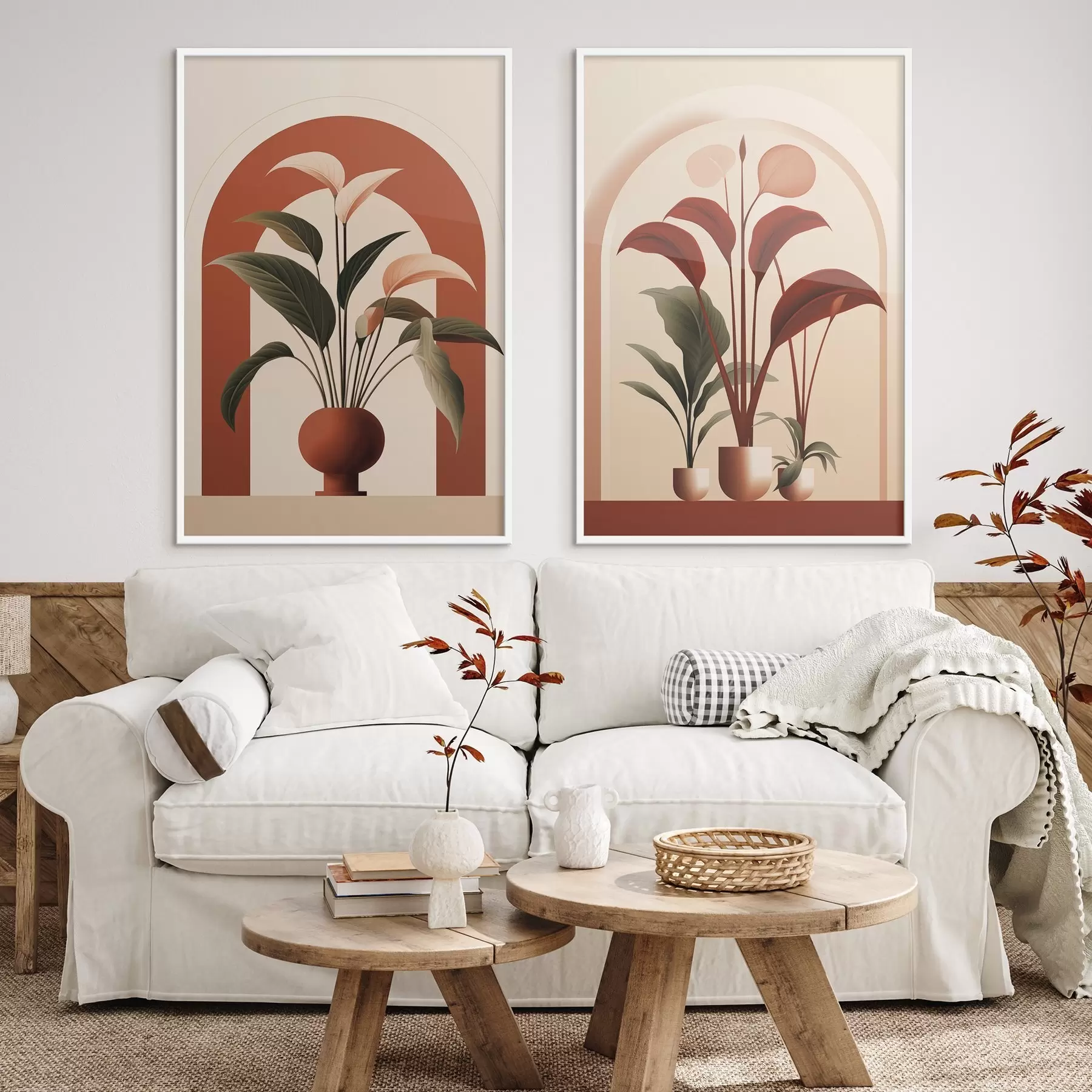 Paveikslėlis Abstrakčios vazoninės gėlės su dideliais žaliais ir raudonais lapais priešais kreminės spalvos arką d01124