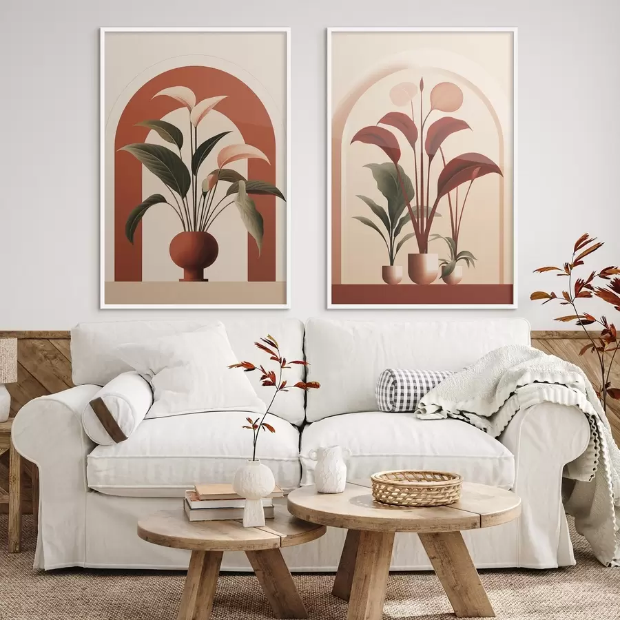 Fototapetai Abstrakčios vazoninės gėlės su dideliais žaliais ir raudonais lapais priešais kreminės spalvos arką d01124