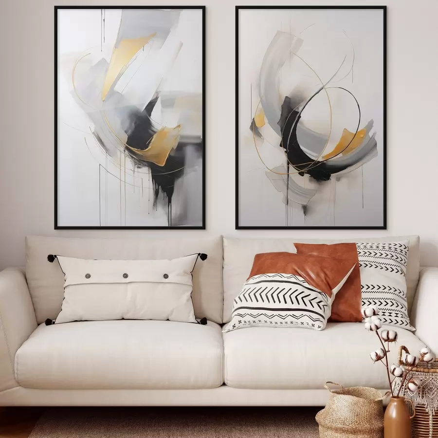 Fototapetai Abstraktaus tapybos kūrinys su geltonos, juodos ir baltos spalvų potėpiais, dinamiškomis linijomis. d01125