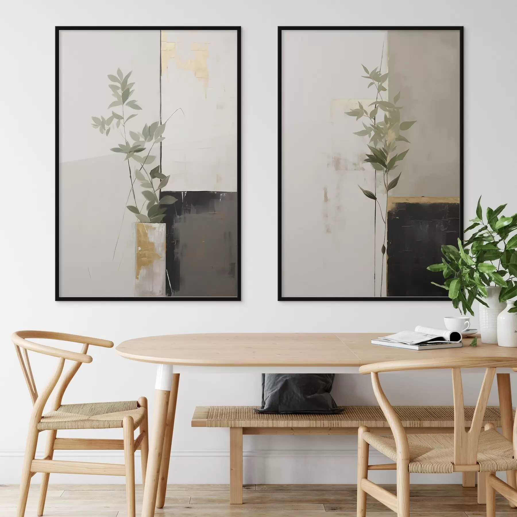 Fototapetai Minimalistinis tekstūruotas paveikslas, vaizduojantis vazą su žaliais lapais abstrakčių geometrinių formų fone. d01126