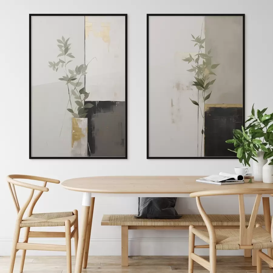 Fototapetai Minimalistinis tekstūruotas paveikslas, vaizduojantis vazą su žaliais lapais abstrakčių geometrinių formų fone. d01126