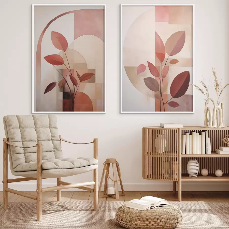 Fototapetai Abstraktaus augalo su raudonais lapais piešinys geometrinių formų ir švelnių, prislopintų spalvų fone d01128