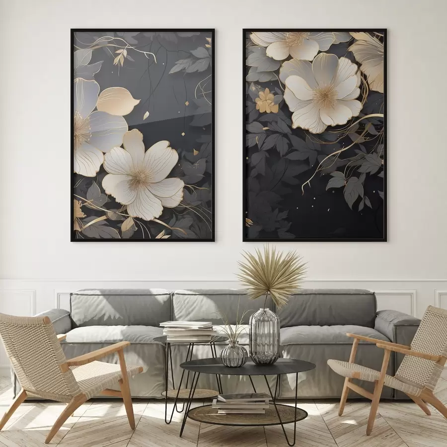 Fototapetai Didelės abstrakčios gėlės ant tamsaus fono d01066