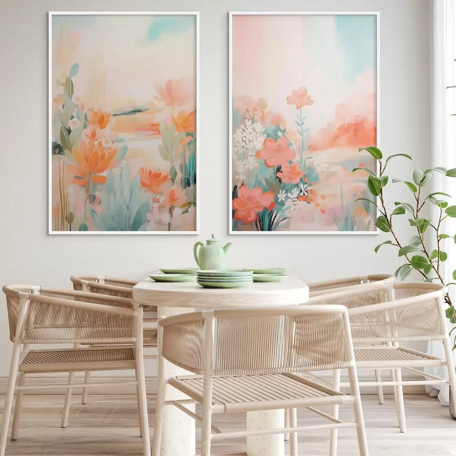 Fototapetai Gėlių motyvai pastelinėmis spalvomis prieš šviesios rūko apgaubtos slėnio fone d01085