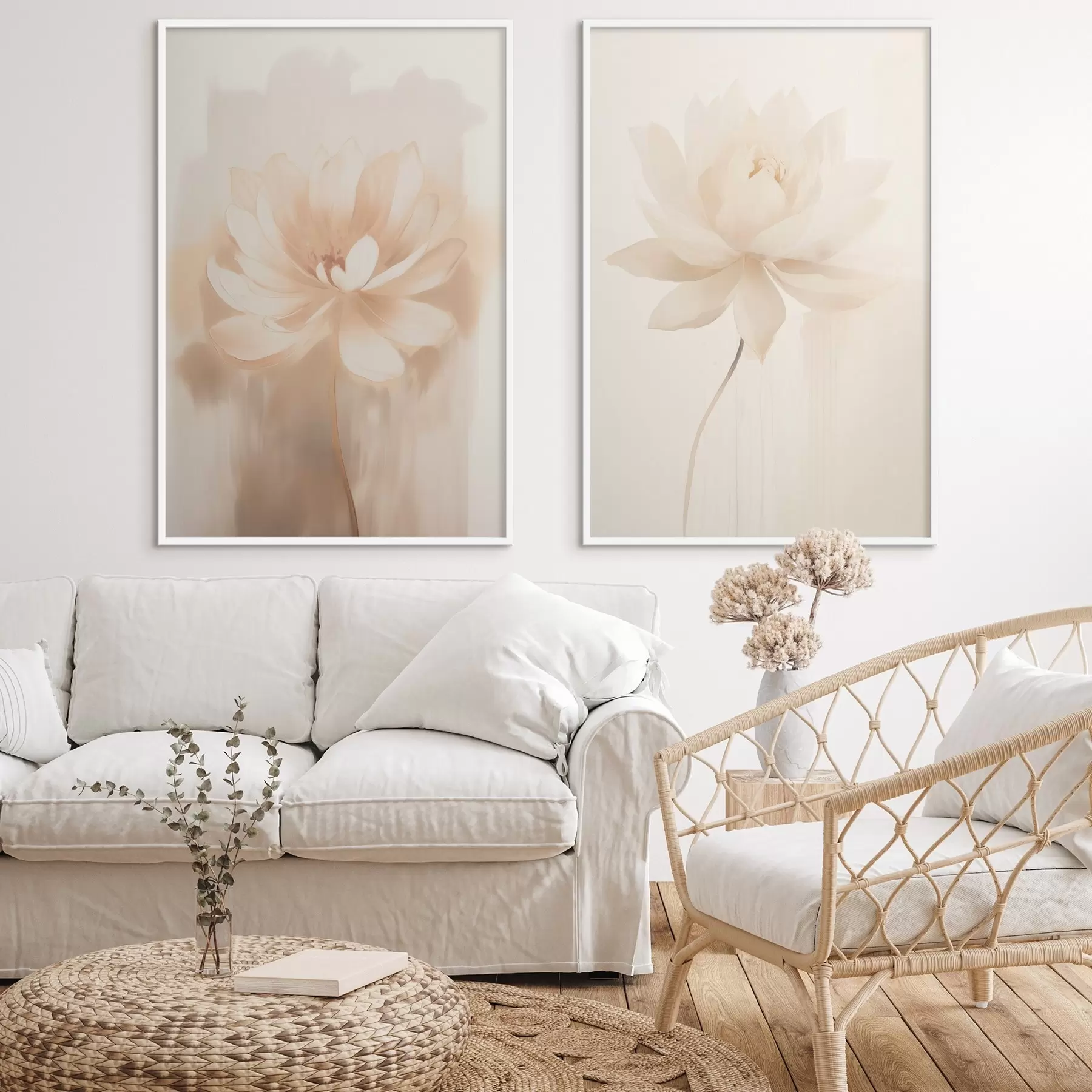 Fototapetai Gėlių kompozicija šiltų smėlio atspalvių su lengvais potėpiais ir lengvu fonu d01087