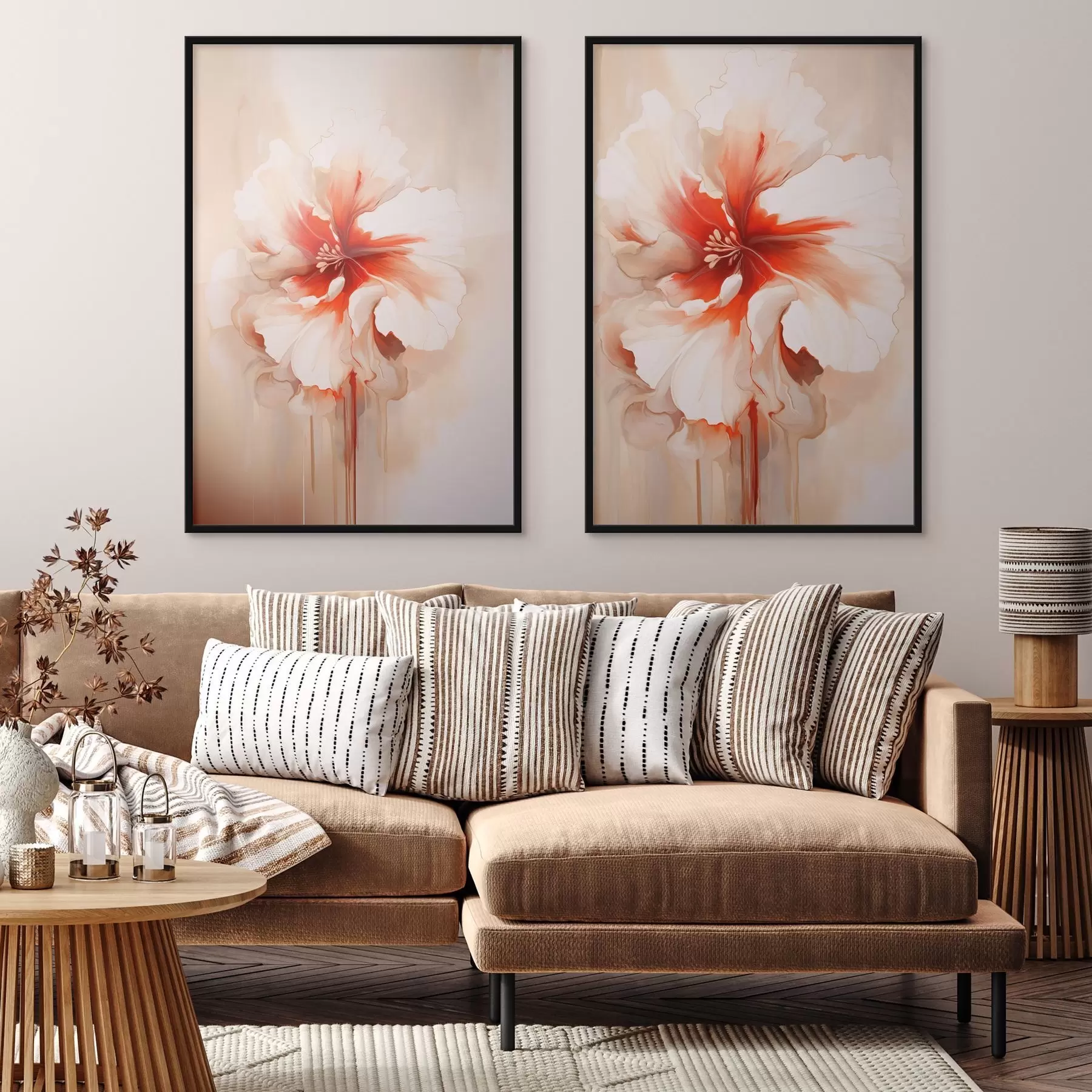 Fototapetai Baltai koraliniai žiedlapiai ant abstraktaus fono, rami kompozicija d01089