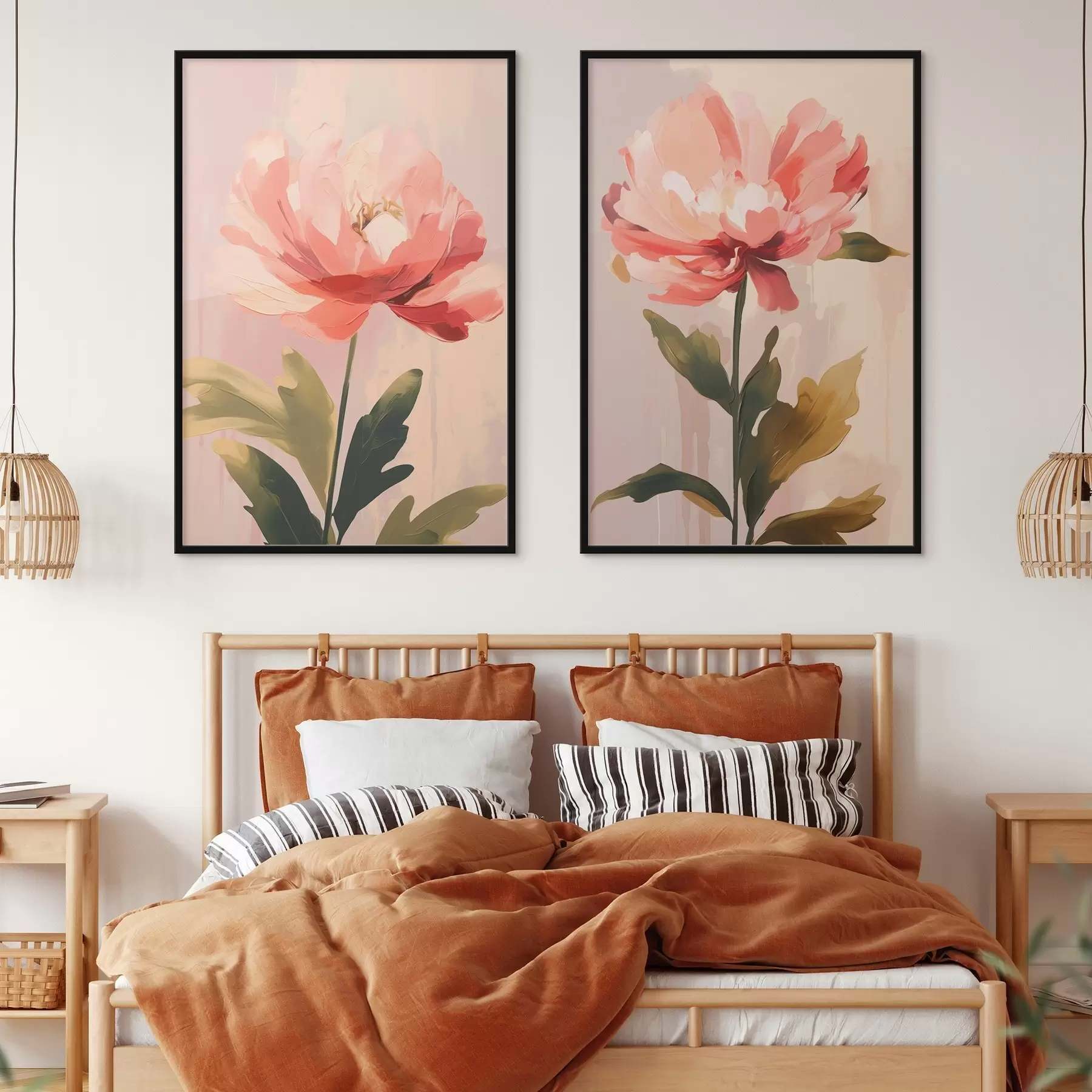 Fototapetai Pastelinės spalvos bijūnai ant aukštų stiebų šiltų rožinių atspalvių d01093