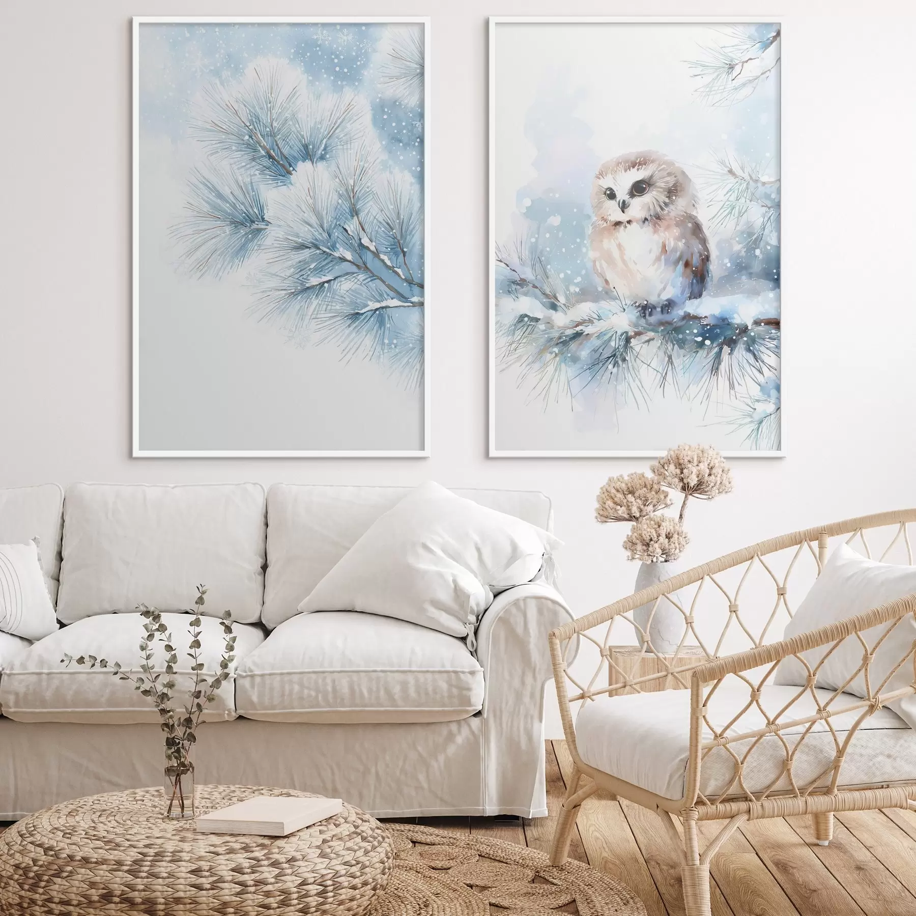 Fototapetai mielas pelėdas ant sniegu padengtos pušies šakos, tapytas akvarele d01168