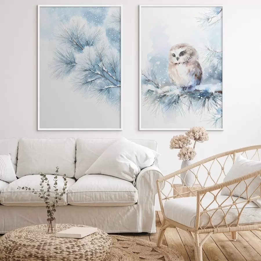 Fototapetai mielas pelėdas ant sniegu padengtos pušies šakos, tapytas akvarele d01168