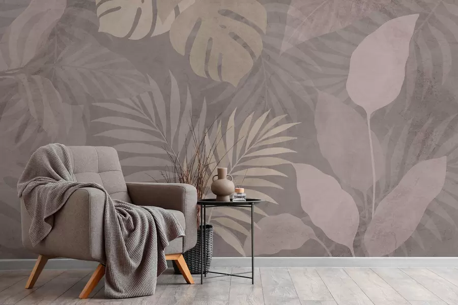 Fototapetai tekstūruoti tropiniai lapai ant pilko fono w05063v1