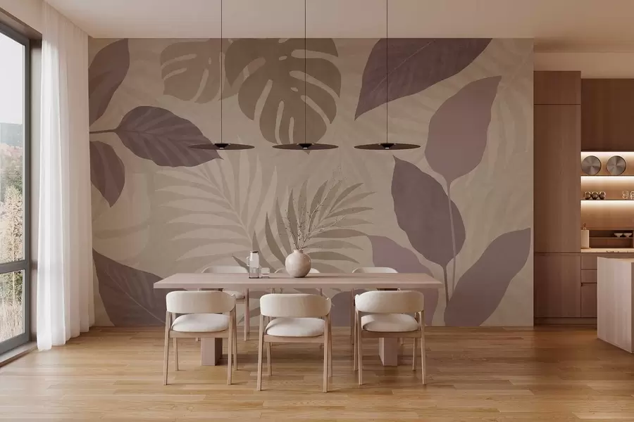 Fototapetai tekstūruoti tropiniai lapai smėlio fone w05063