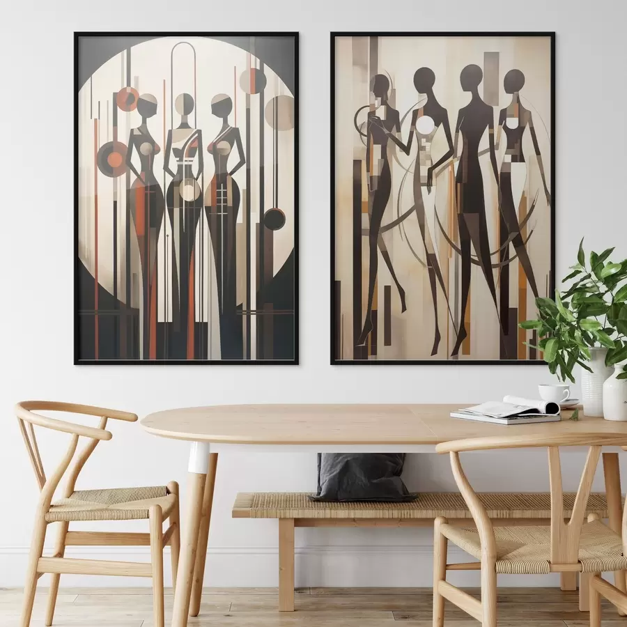 Fototapetai Stilizuotos moteriškos figūros su geometriniais elementais ant abstraktaus vertikalių linijų ir apskritimų fono d01237