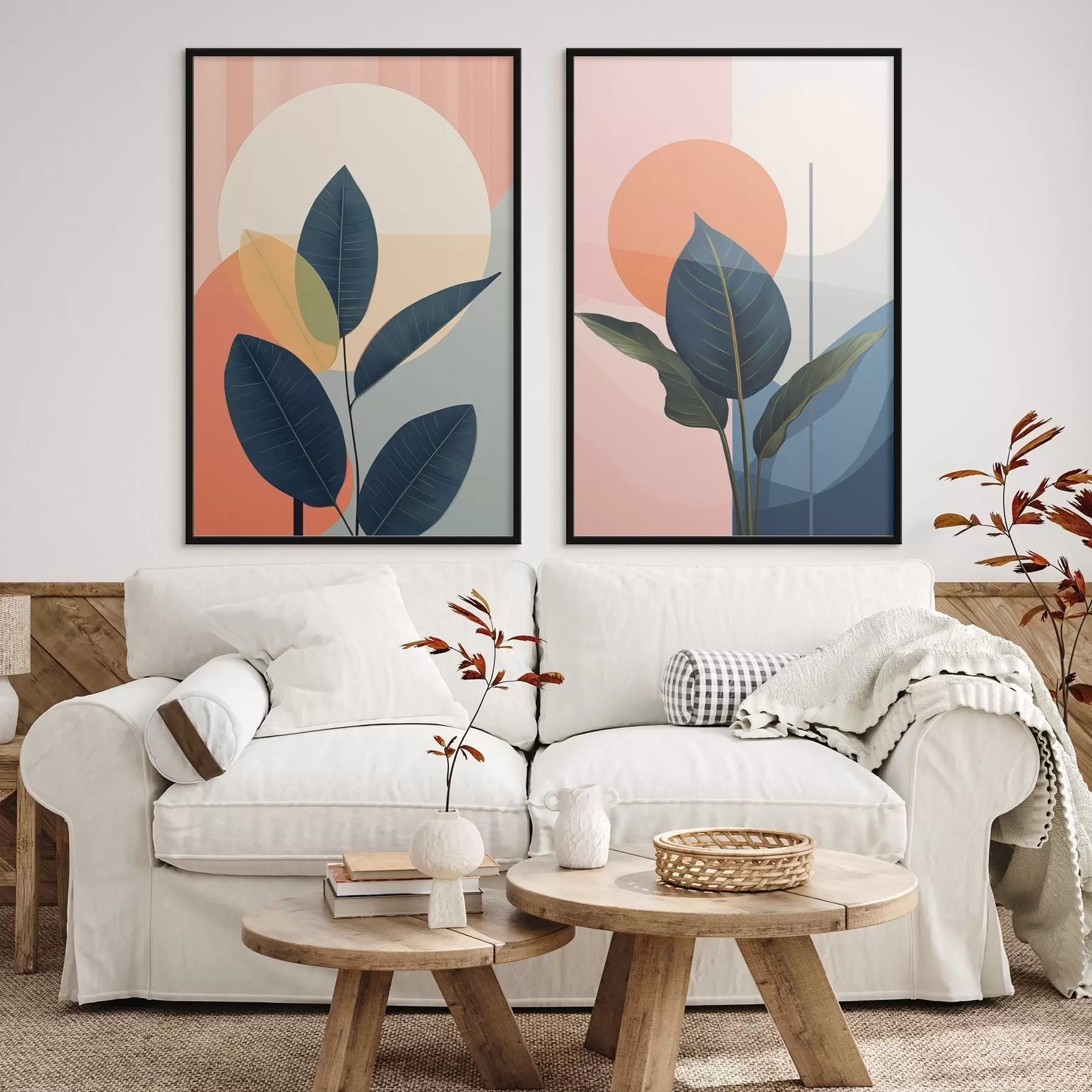 Fototapetai Tamsūs lapai ant persikų ir pilkos spalvos abstrakčių formų fono su dideliu, šviesiai geltonu ratu d01238