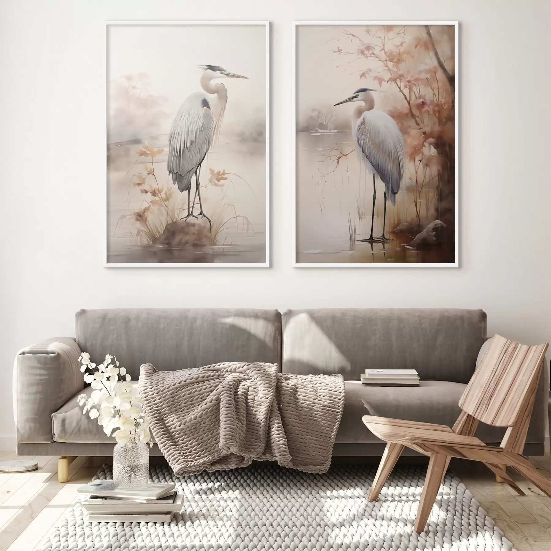 Fototapetai Gervė stovi ant uolos ežere, o fone matyti aukšti žolynai ir medžiai. d01239