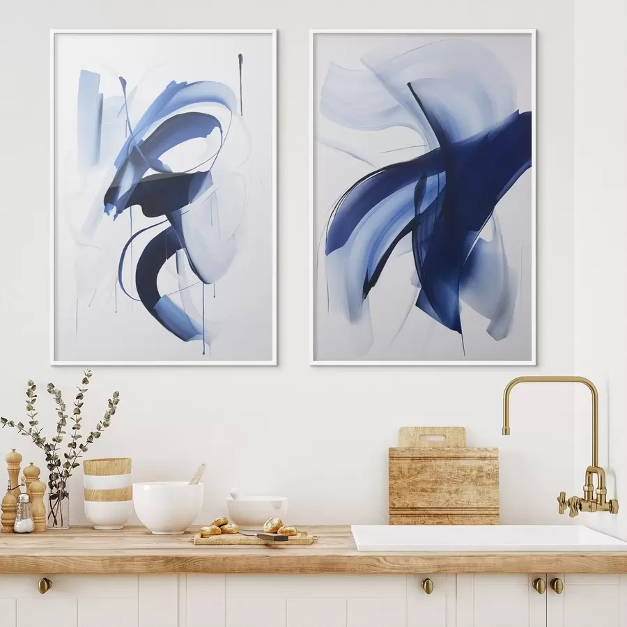 Fototapetai Abstrakčios mėlynos teptuko potėpių formos su sklandžiomis linijomis ir kreivėmis ant balto fono, modernusis menas d01240