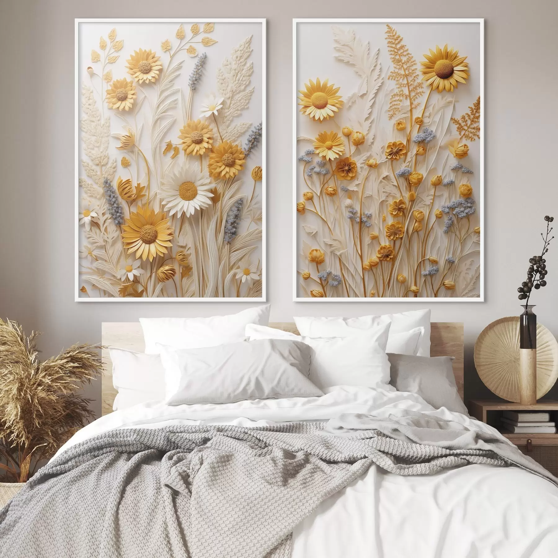 Fototapetai Tekstūruota geltonų ir baltų saulėgrąžų kompozicija su džiovintomis žolėmis ir levandų šakelėmis ant balto fono. d01241