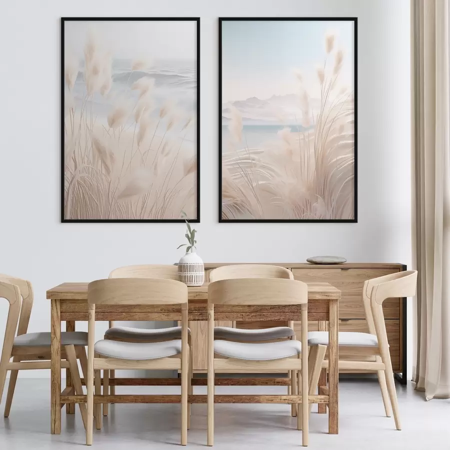 Fototapetai Aukšta, plunksniška pampų žolė švelnių smėlio atspalvių pirmame plane, o fone – smėlio paplūdimys. d01242