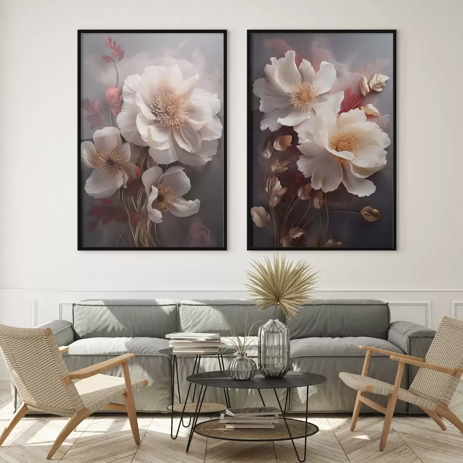 Fototapetai Subtilūs bijūnai su plonais, plaušėtais žiedlapiais, apsupti tamsiai raudonais ir geltonais lapais ant abstraktaus fono d01243