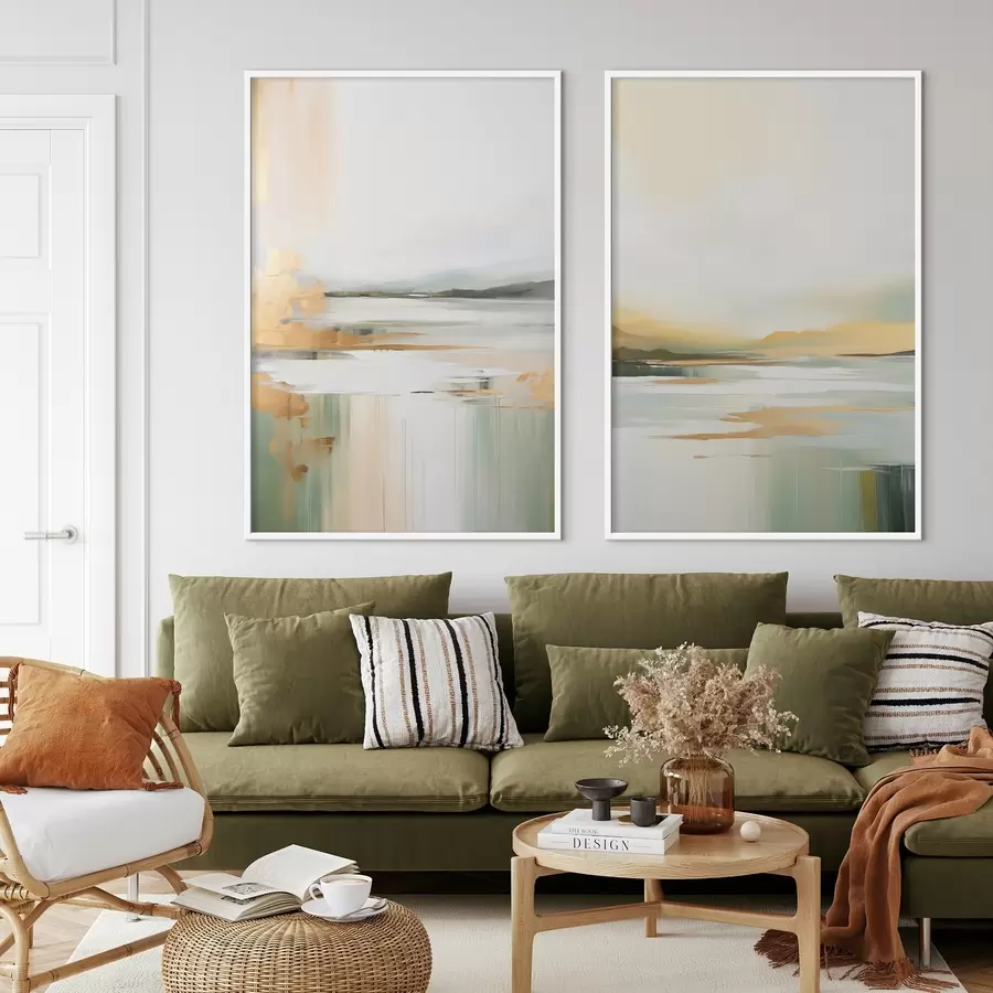 Fototapetai Abstraktus peizažas su geltonais ir žaliais atspalviais, vanduo, atspindintis dangų ir tolimus kalnus, blyškus, miglotas dangus d01245