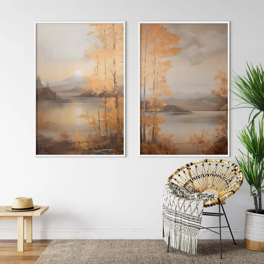 Fototapetai Rudens tekstūruoti medžiai su oranžiniais lapais apjuosia ramią ežerą su tolimais kalnais po debesuotu dangumi. d01246