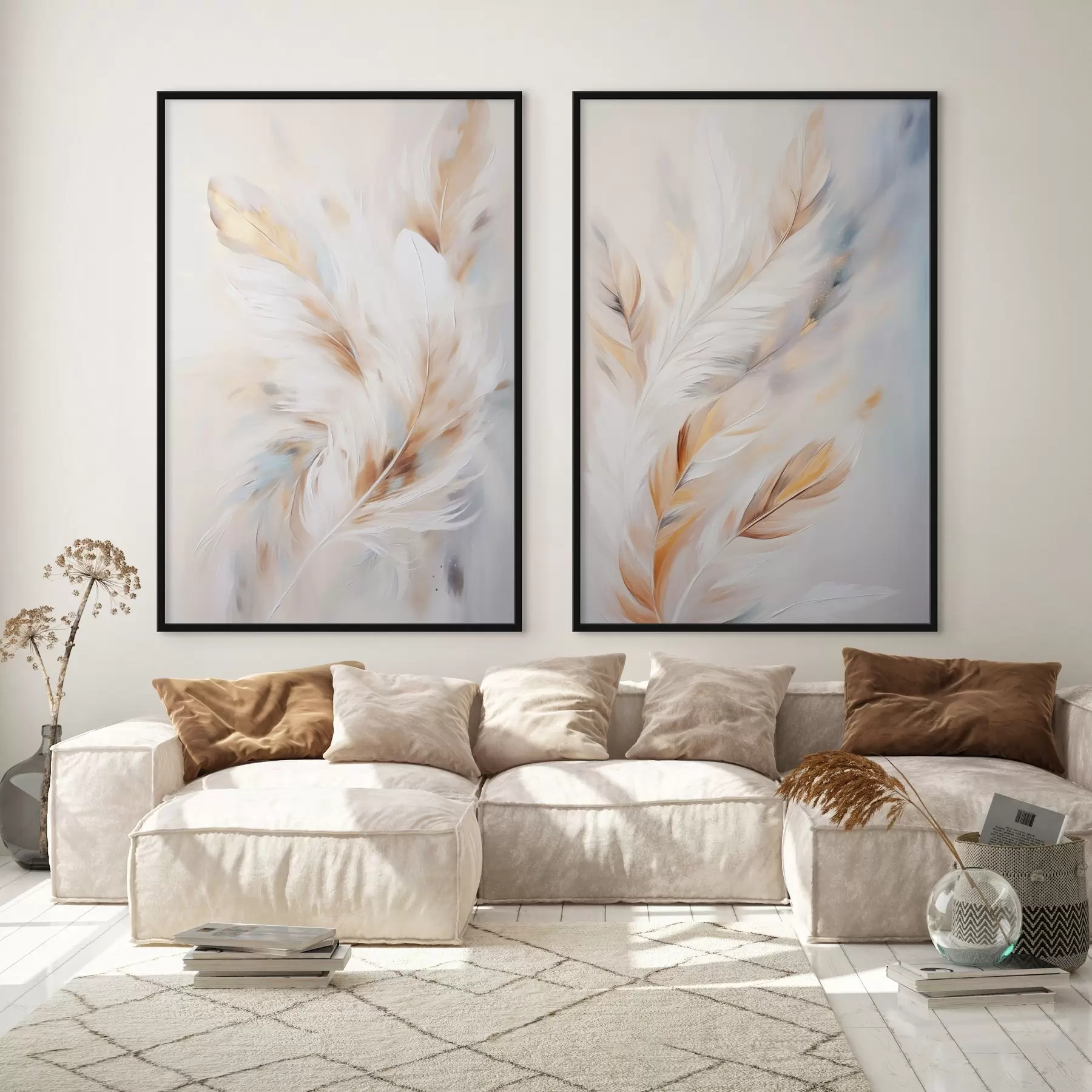 Fototapetai Didelės, minkštos plunksnos, kuriose susipina balti, geltoni ir rudi atspalviai, prieš šviesų, abstraktų foną. d01247